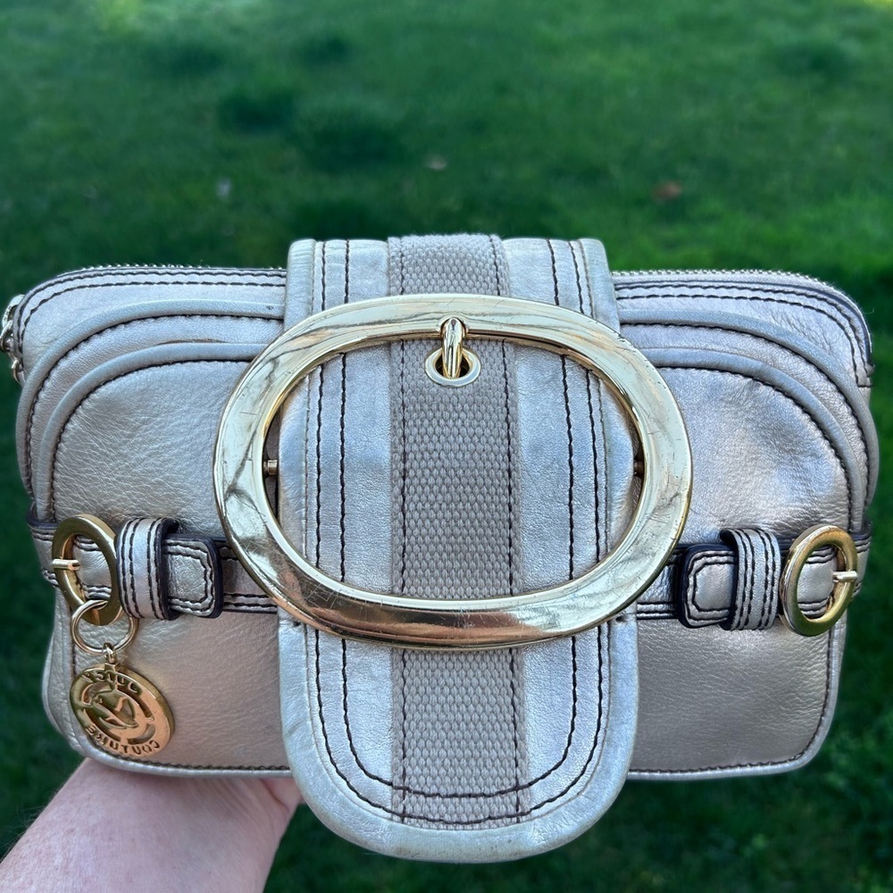 Juicy Couture Unique Metallic Gold Leather & Buckle Clutch